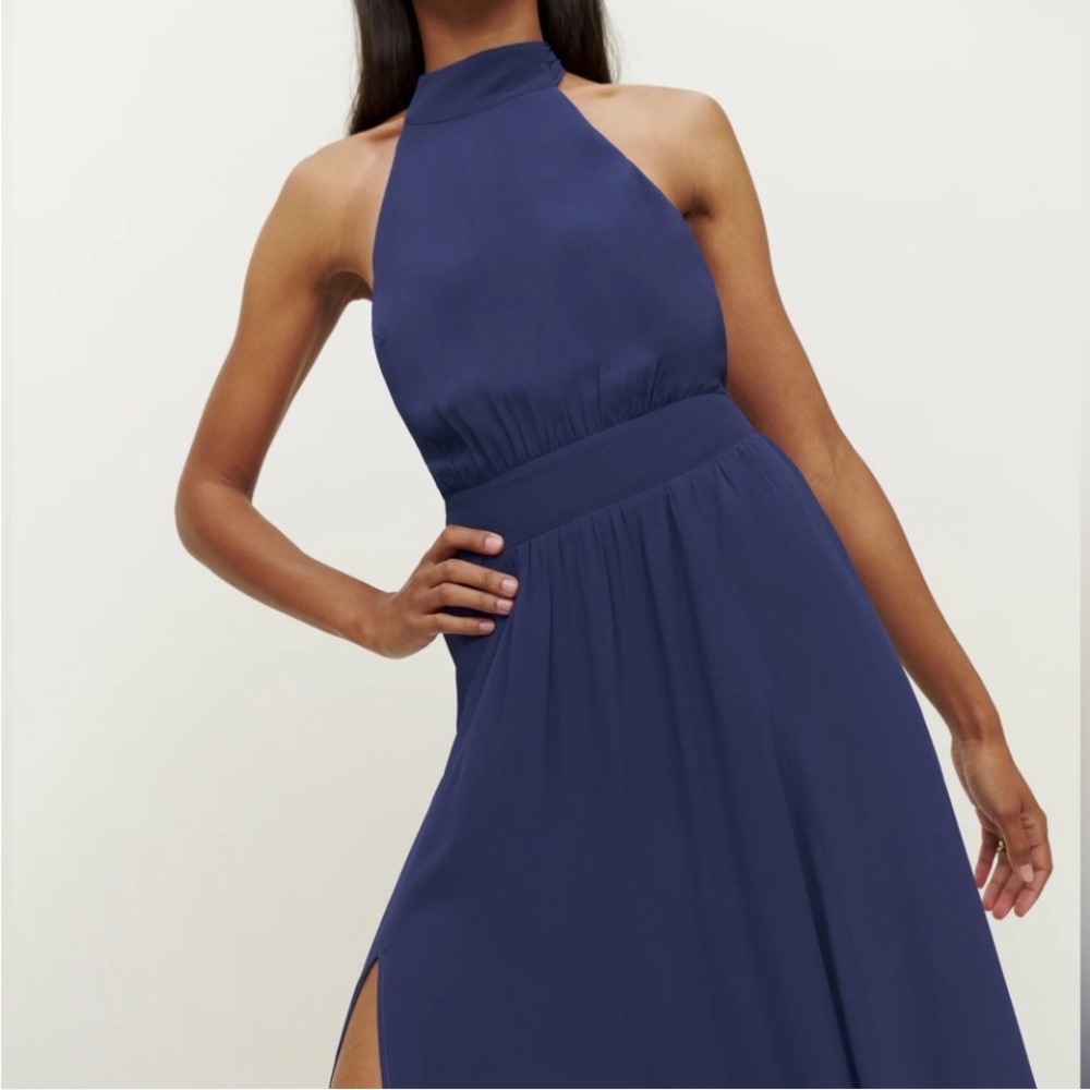 Reformation Andee Dress - Blue Halter Maxi Side Slit Size 10 - Picture 5 of 9